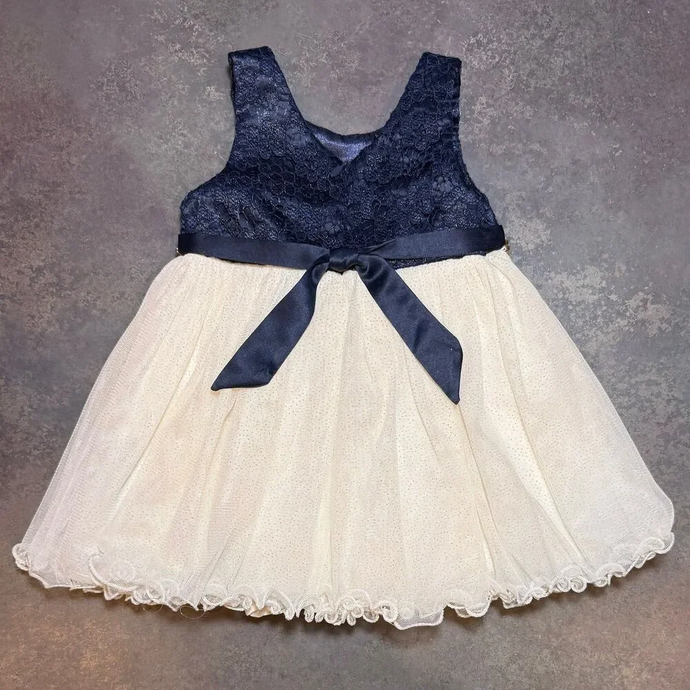 American Princess 12M White Lace & Tulle Formal Navy Dress w/ Bloomers New